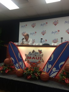 Sweet surfboard press conference setup at the Lahaina Civic Center. Coach Stallings was nice and relaxed after and easy win over St. John's.